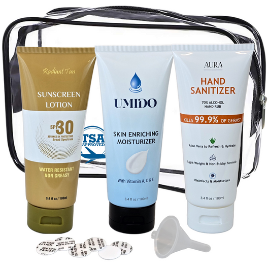 Lotion Flasks 3 Pack | TSA Approved 100ml Tubes and Clear Quart Zipper Bag